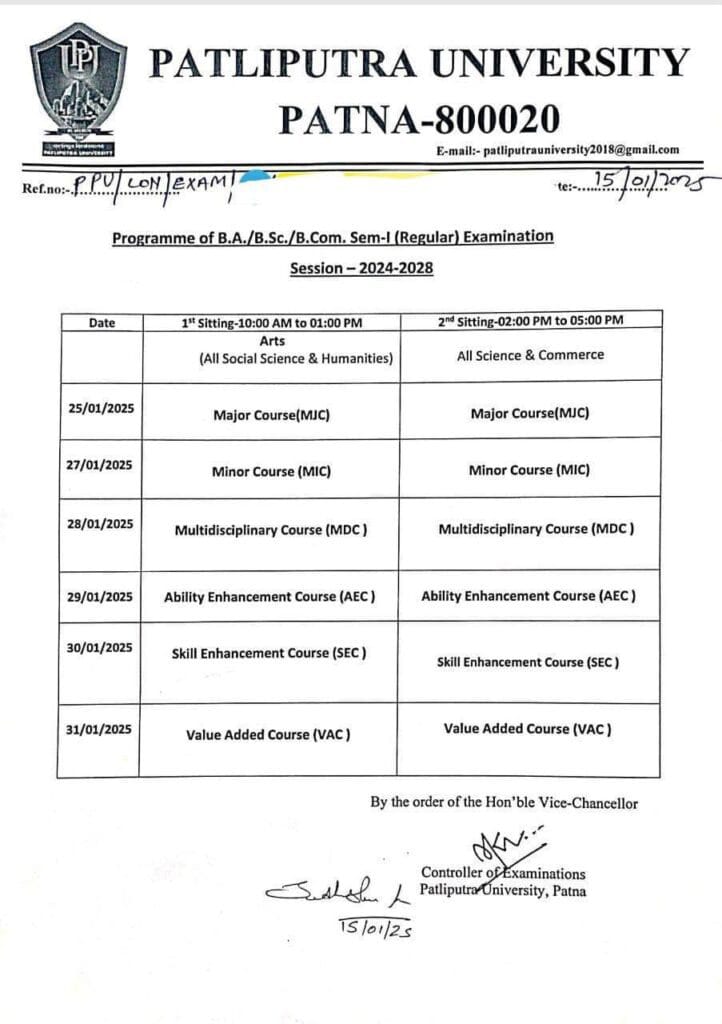 PPU UG 1ST Semester Exam Programme 2025